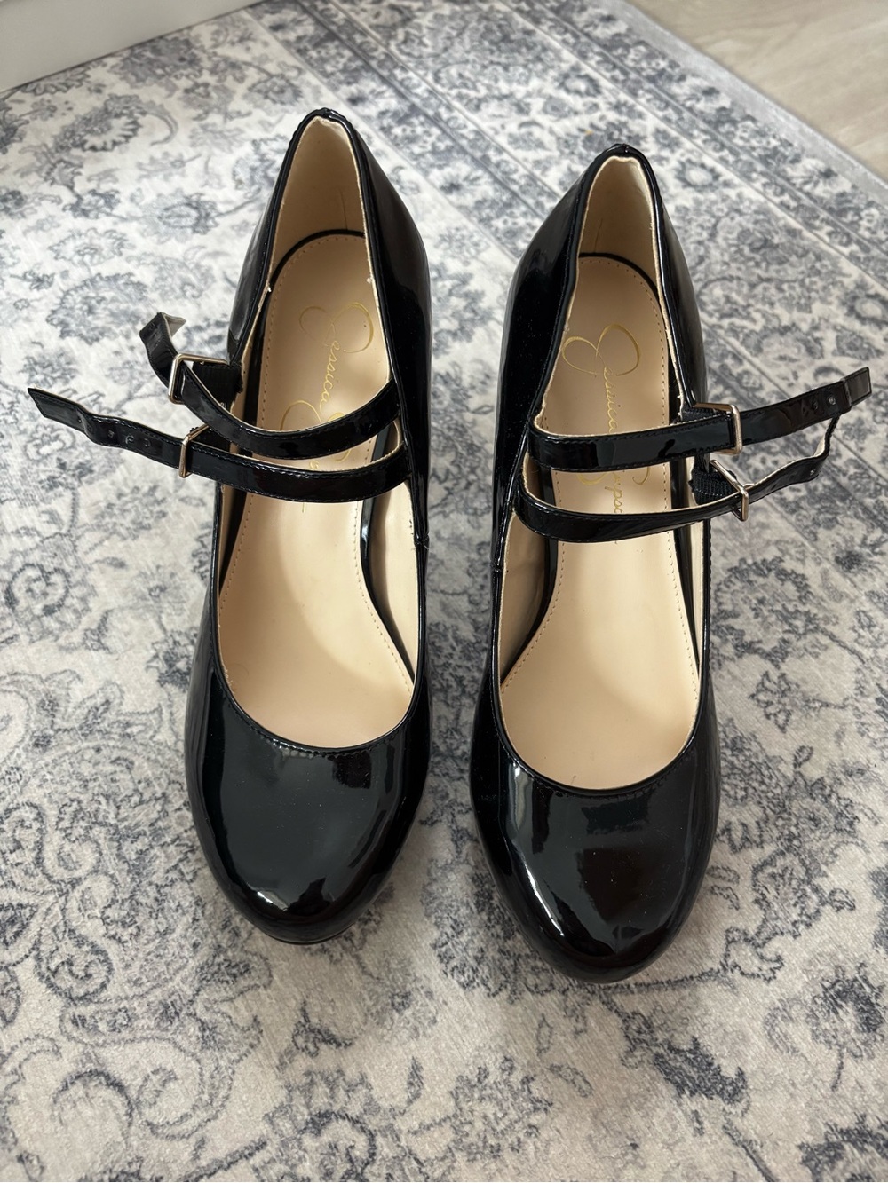 Jessica Simpson Black Patent Double-Strap Mary Jane Heels